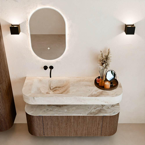 MONDIAZ THOR-DLUX Meuble de salle de bains 130cm arrondi gauche + droite couleur Walnut avec 1 tiroir et 2 portes. Vasque suspendue CLOUD Gauche sans trou de robinet couleur Frappe. SW1463571