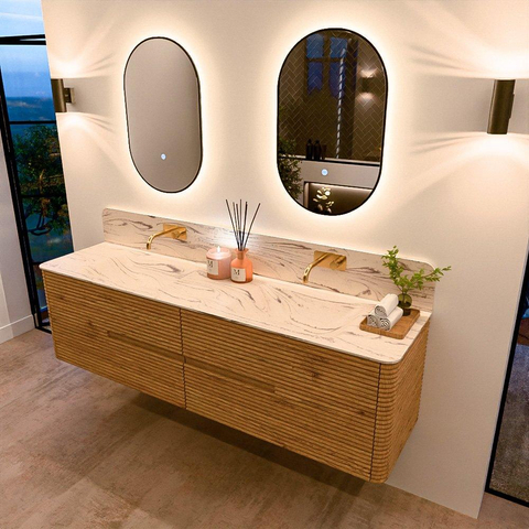 Mondiaz CIRO-DLUX Badkamermeubelset - 180x45x50cm - Solid surface wastafel Nata - 2 wasbak Dubbel - zonder kraangaten - 4 lades - Oak SW1531520