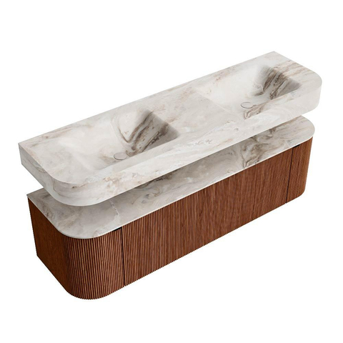 MONDIAZ THOR-DLUX 160cm meuble de salle de bains arrondi gauche + droite couleur Ruby avec 1 tiroir et 2 portes. Vasque suspendue CLOUD Double sans trou de robinet couleur Frappe. SW1465283