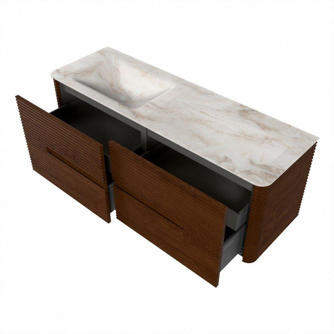 Mondiaz CIRO-DLUX Ensemble de meubles de salle de bains - 140x45x50cm - lavabo en solid surface Frappe - 1 vasque à gauche - 1 trou de robinet - 4 tiroirs - Ruby SW1531332