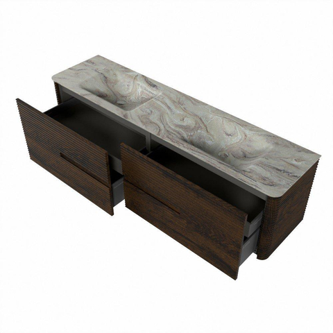 Mondiaz CIRO-DLUX Meuble de salle de bains - 180x45x50cm - Plan-vasque solid surface Glace - 2 bassins Double - 2 trous de robinetterie - 4 tiroirs - Noyer SW1530310
