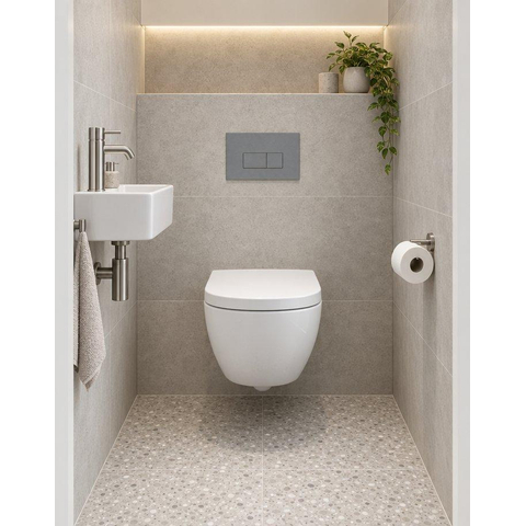QeramiQ Dely Swirl Compact Toiletset - inbouwreservoir QeramiQ flush - 25mm zitting - kunststof bedieningsplaat licht grijs - rechthoekige knoppen - glans wit SW1590633