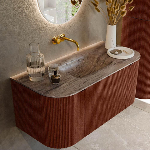 MONDIAZ KURVE-DLUX Meuble de salle de bains 100 cm arrondi Gauche + Droite couleur Ruby avec 1 tiroir et 2 portes. Lavabo GRUNNE Central sans trou de robinet Oza. SW1432750