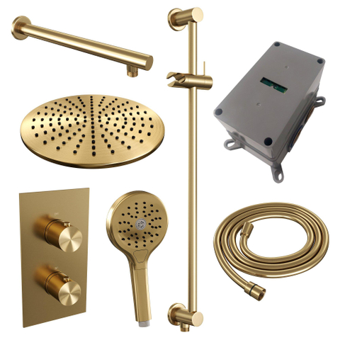 Brauer Gold Edition Ensemble de douche pluie encastré - douche principale 30cm - bouton lisse - douchette ronde 3 positions - glijstang - PVD - or brossé SW547688