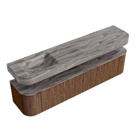 MONDIAZ THOR-DLUX 200cm meuble de salle de bains arrondi gauche + droite couleur Walnut avec 2 tiroirs et 2 portes. Vasque suspendue CLOUD Gauche sans trou de robinet couleur Sombra. SW1467720