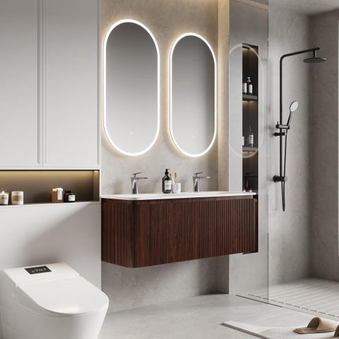Royal Plaza Terra Edge Ensemble meuble de salle de bains - 120x44.7x46cm - vasque en solid surface blanc mat - 2 vasques - 2 trous de robinet - 2 tiroirs - châtaignier (noyer) SW1471917
