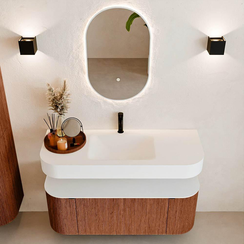 MONDIAZ THOR Meuble de salle de bains 120cm arrondi gauche + droite couleur Ruby avec 1 tiroir et 2 portes. Vasque suspendue CLOUD Milieu 1 trou de robinet couleur Talc. SW1463276