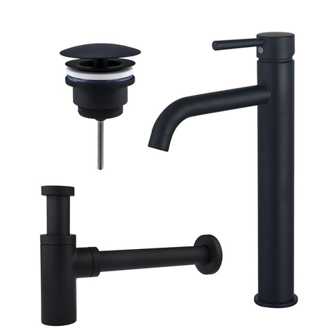 FortiFura Calvi Kit mitigeur lavabo - robinet rehaussé - bonde nonobturable - siphon design - Noir mat SW911742