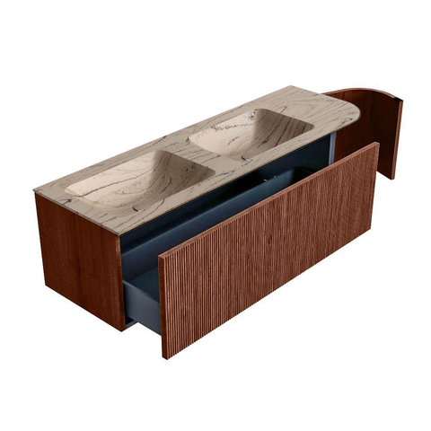 MONDIAZ KURVE-DLUX Meuble de salle de bains 145cm arrondi à droite couleur Ruby avec 1 tiroir et 1 porte. Lavabo LEAF Double / Gauche 2 trous de robinet Arena. SW1431548