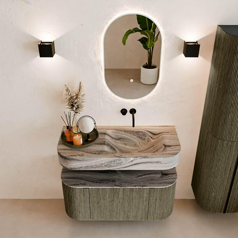 MONDIAZ THOR-DLUX 100cm meuble de salle de bains arrondi gauche + droite couleur Shadow avec 1 tiroir et 2 portes. Vasque suspendue CLOUD Droite sans trou de robinet couleur Sombra. SW1467631