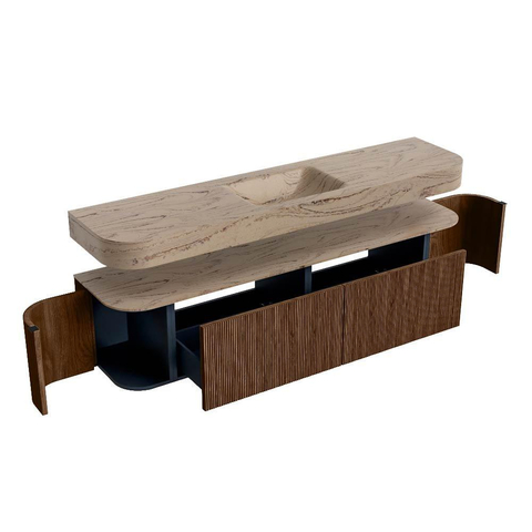 MONDIAZ THOR-DLUX 190cm meuble de salle de bains arrondi gauche + droite couleur Walnut avec 2 tiroirs et 2 portes. Vasque suspendue CLOUD Milieu sans trou de robinet couleur Arena. SW1467706
