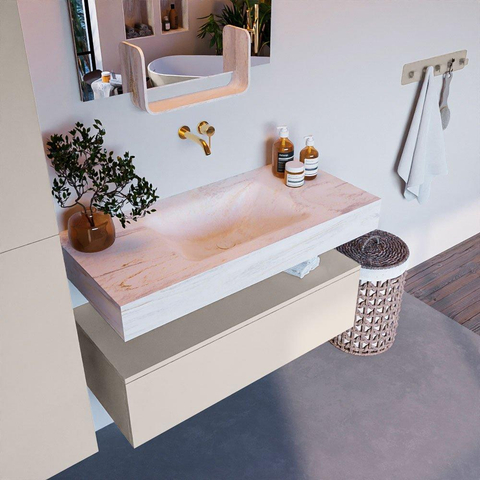 Mondiaz ALAN-DLUX Ensemble de meuble - 100cm - meuble Linen mat - 1 tiroir - Lavabo Cloud Ostra suspendu - vasque Centre - 0 trous de robinet SW807423