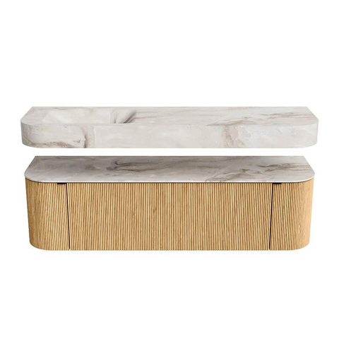 MONDIAZ THOR-DLUX 160cm badmeubel ronding links + rechts kleur Oak met 1 lade en 2 deuren. Vrijhangende wastafel CLOUD Links zonder kraangat kleur Frappe. SW1464957