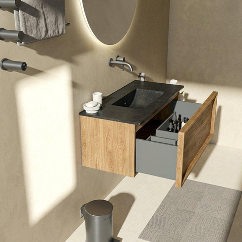 Saniclass Holz Frame Ensemble de meubles de salle de bains - 100x45x42cm - lavabo Vygo en céramique noir - 1 vasque - sans trou de robinet - 1 tiroir - chêne natural mat (bois) SW1478964