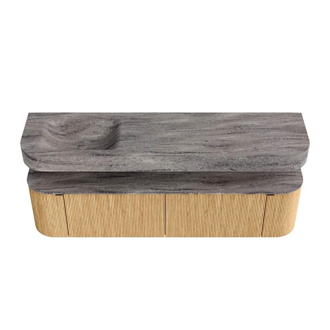 MONDIAZ THOR-DLUX 180cm badmeubel ronding links + rechts kleur Oak met 2 lades en 2 deuren. Vrijhangende wastafel CLOUD Links zonder kraangat kleur Oza. SW1466286