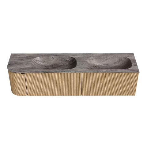 MONDIAZ KURVE-DLUX 175cm badmeubel ronding Links kleur Oak met 2 lades en 1 deur. Wastafel STOR SMALL Dubbel / Rechts 2 kraangaten Oza. SW1432683