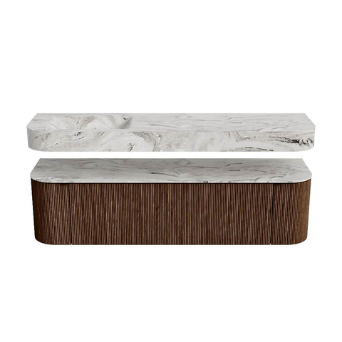 MONDIAZ THOR-DLUX Meuble de salle de bains 170cm arrondi gauche + droite couleur Walnut avec 1 tiroir et 2 portes. Vasque suspendue CLOUD Gauche 1 trou de robinet couleur Glace. SW1465581
