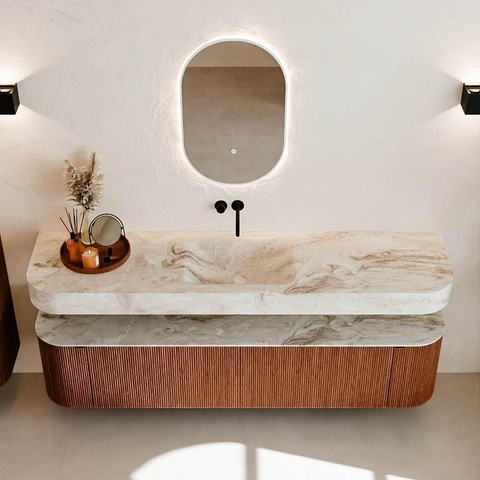 MONDIAZ THOR-DLUX 190cm meuble de salle de bains arrondi gauche + droite couleur Ruby avec 2 tiroirs et 2 portes. Vasque suspendue CLOUD Milieu sans trou de robinet couleur Frappe. SW1466505