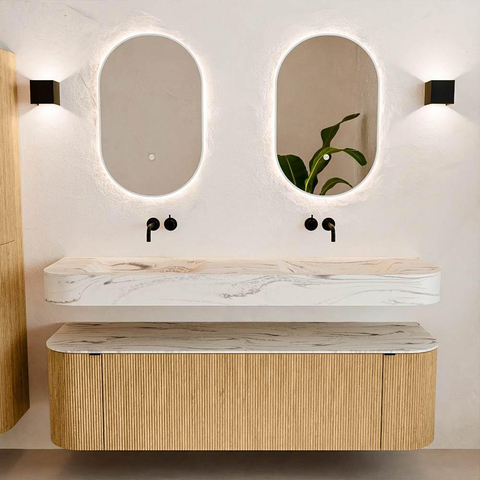 MONDIAZ THOR-DLUX 160cm badmeubel ronding links + rechts kleur Oak met 1 lade en 2 deuren. Vrijhangende wastafel CLOUD Dubbel zonder kraangat kleur Nata. SW1465252