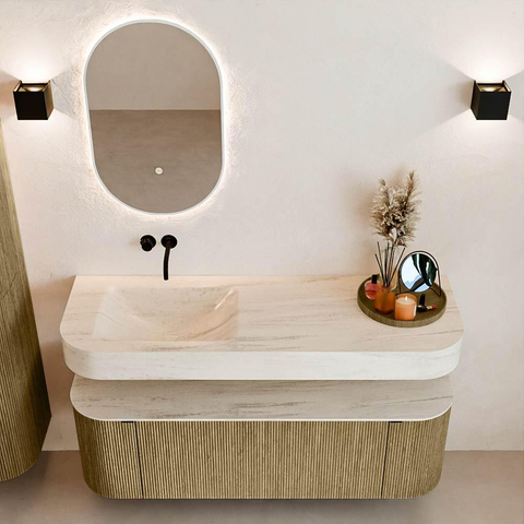 MONDIAZ THOR-DLUX 140cm meuble de salle de bains arrondi gauche + droite couleur Dusk avec 1 tiroir et 2 portes. Vasque suspendue CLOUD Gauche sans trou de robinet couleur Meli. SW1464403