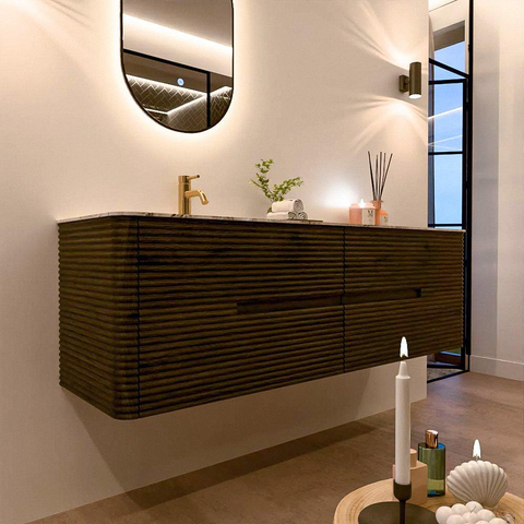 Mondiaz CIRO-DLUX Ensemble de meubles de salle de bains - 160x45x50cm - Plan vasque Solid surface Meli - 1 lavabo à gauche - 1 trou de robinet - 4 tiroirs - Shadow SW1532530