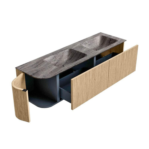 MONDIAZ KURVE-DLUX meuble de salle de bains 155 cm arrondi à gauche couleur Chêne avec 2 tiroirs et 1 porte. Lavabo LEAF Double / Droite sans trou de robinet Oza. SW1432670