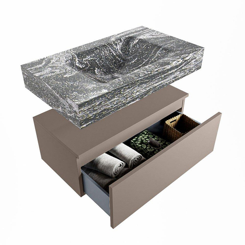 Mondiaz ALAN-DLUX Ensemble de meuble - 80cm - meuble Smoke mat - 1 tiroir - Lavabo Cloud Lava suspendu - vasque Centre - 0 trous de robinet SW807908