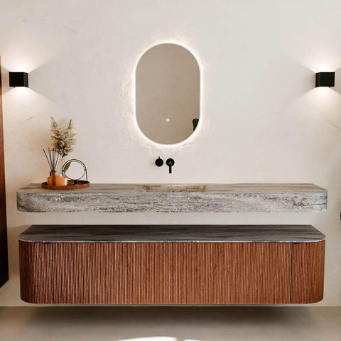 MONDIAZ THOR-DLUX 200cm meuble de salle de bains arrondi gauche + droite couleur Ruby avec 2 tiroirs et 2 portes. Vasque suspendue CLOUD Milieu sans trou de robinet couleur Oza. SW1467195