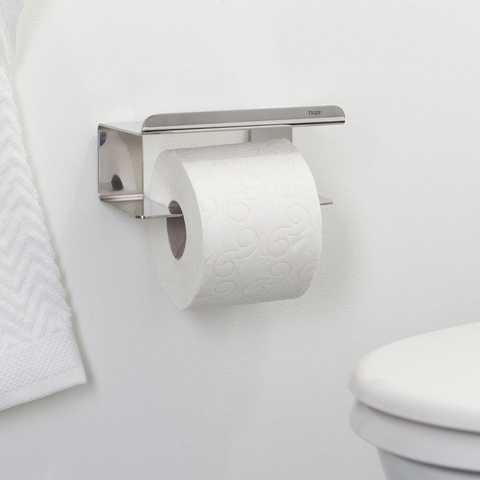 Tiger Colar Toiletrolhouder - zonder klep - met planchet - zelfklevend - gepolijst RVS SW106819