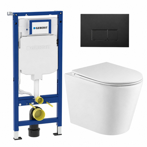QeramiQ Dely Pack WC cuvette sans bride 36.3x51.7cm avec bâti-support Geberit UP320 abattant WC blanc brillant frein de chute et plaque de commande Noir mat boutons Rectangulaires SW804654