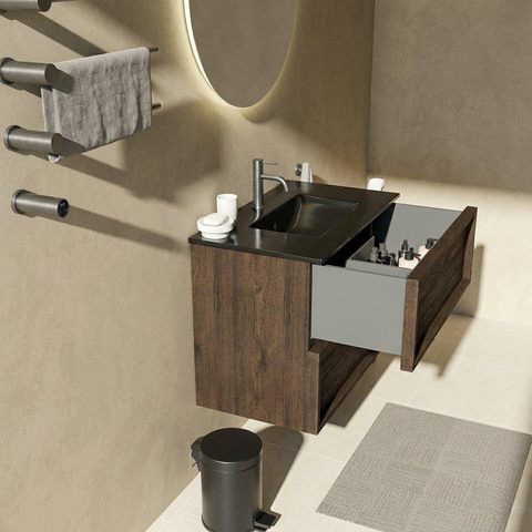Saniclass Holz Frame Badkamermeubelset - 80x45x62cm - Vygo keramische wastafel zwart - 1 wasbak - 1 kraangat - 2 lades - mat eiken charcoal (hout) SW1580006