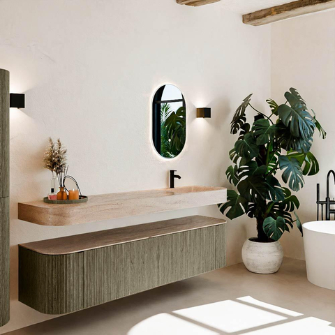 MONDIAZ THOR-DLUX Meuble de salle de bains 190cm arrondi gauche + droite couleur Shadow avec 2 tiroirs et 2 portes. Vasque suspendue CLOUD Droite 1 trou de robinet couleur Saba. SW1466693