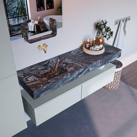 Mondiaz ALAN-DLUX Ensemble de meuble - 150cm - meuble Clay mat - 2 tiroirs - Lavabo Cloud Lava suspendu - vasque Gauche - 0 trous de robinet SW809109