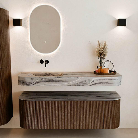 MONDIAZ THOR-DLUX 140cm badmeubel ronding links + rechts kleur Walnut met 1 lade en 2 deuren. Vrijhangende wastafel CLOUD Links zonder kraangat kleur Sombra. SW1464386