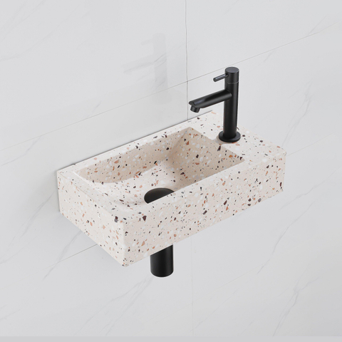FugaFlow Eccelente Pietra Ensemble fontaine - 40x22x10cm - trou de robinet à droite - robinet de fontaine noir mat - bouchon de vidange - siphon abaissé - beige mat SW1468971