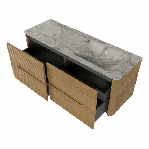 Mondiaz CIRO-DLUX Ensemble de meubles de salle de bains - 130x45x50cm - Vasque solid surface Glace - 1 bassin à droite - 1 trou de robinet - 4 tiroirs - Chêne SW1530829