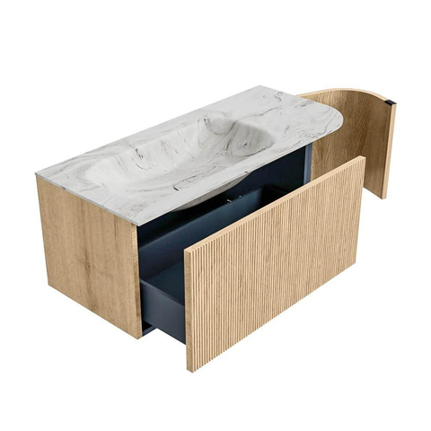 MONDIAZ KURVE-DLUX Meuble de salle de bains 105 cm avec module 25 R couleur Oak avec 1 tiroir et 1 porte. Lavabo BIG SMALL gauche 1 trou de robinet couleur Glace. SW1137994