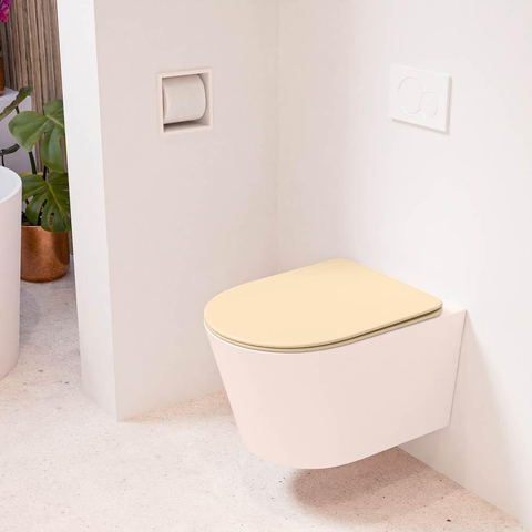 Mondiaz LAVIE hangtoilet – spoelrandloos – 36 x 53 cm – met softclose zitting – Rosee (roze), zitting Sand (beige) SW1208774