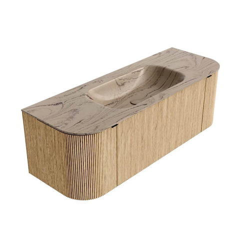 MONDIAZ KURVE-DLUX 130cm badmeubel ronding Links + Rechts kleur Oak met 1 lade en 2 deuren. Wastafel BIG SMALL Midden zonder kraangat Arena. SW1431108