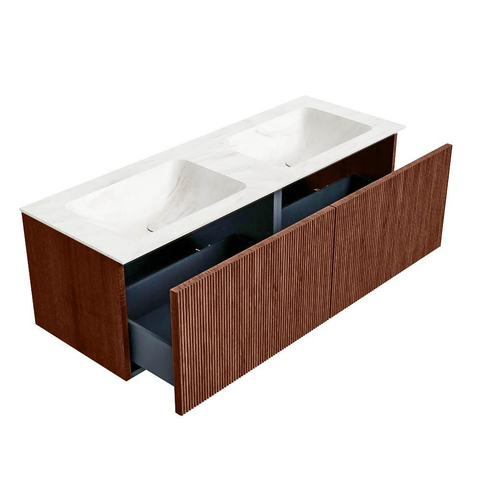 Mondiaz KURVE-DLUX Ensemble meuble de salle de bains - 130x46x40cm - 2 tiroirs - lavabo solid surface - double - sans trou de robinet - Ruby SW1415923