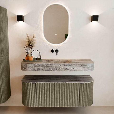 MONDIAZ THOR-DLUX 120cm badmeubel ronding links + rechts kleur Shadow met 1 lade en 2 deuren. Vrijhangende wastafel CLOUD Midden zonder kraangat kleur Oza. SW1463494