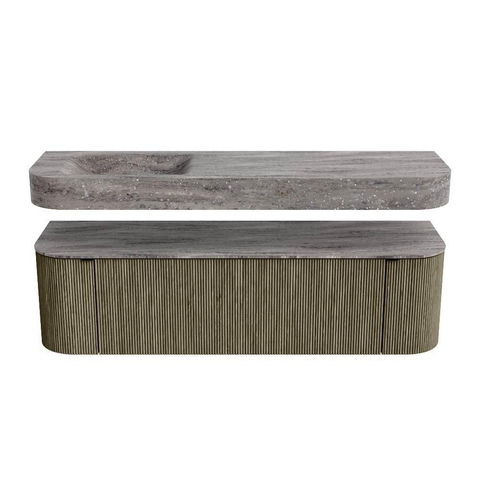 MONDIAZ THOR-DLUX 160cm meuble de salle de bains arrondi gauche + droite couleur Shadow avec 1 tiroir et 2 portes. Vasque suspendue CLOUD Gauche 1 trou de robinet couleur Oza. SW1465313