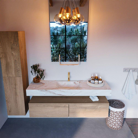 Mondiaz ALAN-DLUX Ensemble de meuble - 150cm - meuble Washed Oak mat - 2 tiroirs - Lavabo Cloud Frappe suspendu - vasque Centre - 1 trou de robinet SW808639
