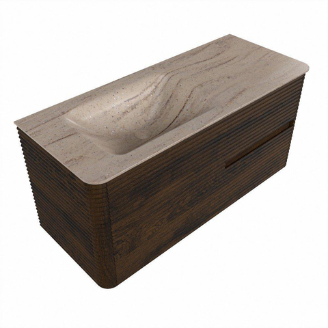 Mondiaz CIRO-DLUX Meuble de salle de bains - 110x45x50cm - Plan vasque Solid surface Saba - 1 vasque à gauche - 1 trou de robinet - 2 tiroirs - Noyer SW1530664