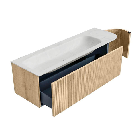 MONDIAZ KURVE-DLUX Meuble de salle de bains 145 cm avec module 25 R couleur Chêne avec 1 tiroir et 1 porte. Lavabo BIG LARGE gauche 2 trous de robinet couleur Opalo. SW1137551