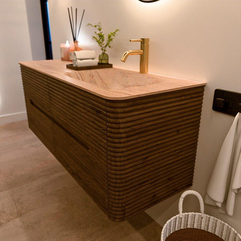 Mondiaz CIRO-DLUX Badkamermeubelset - 130x45x50cm - Solid surface wastafel Saba - 1 wasbak Rechts - 1 kraangat - 4 lades - Dusk SW1533336
