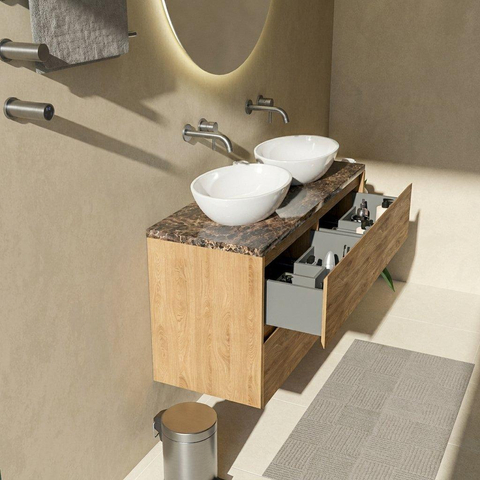 Saniclass Holz Pure Badkamermeubelset - 120x45x63cm - Noche natuurstenen topblad dark emperador - zonder kraangat - 4 lades - mat eiken natural (hout) SW1479063