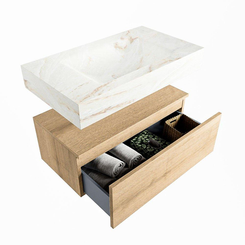 Mondiaz ALAN-DLUX Ensemble de meuble - 80cm - meuble Washed Oak mat - 1 tiroir - Lavabo Cloud Frappe suspendu - vasque Centre - 1 trou de robinet SW808554