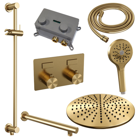 BRAUER Gold Edition Douche de pluie thermostatique encastrée - boutons-poussoirs - SET 68 - pomme de douche 30cm - bras mural droit - douchette 3 jets - flexible de douche - barre de douche intégrée - or brossé PVD SW925671