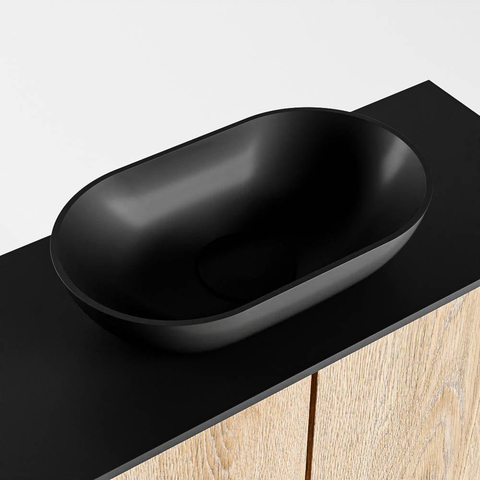 Mondiaz Fowy Meuble de toilette - 60x50x23cm - chêne blanchi mat - 0 trous de robinet - lavabo centré - 2 portes - solid surface - plan Mélamine - lavabo : noir SW761445